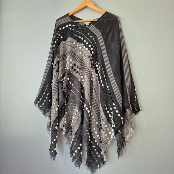 Demdaco Black White Fringe Lightweight Pullover Poncho Womens One Size - Picture 9 of 9